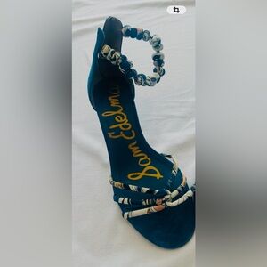 Sam Edelman Jayde  printed  silk ankle strap kitten heel suede sandals